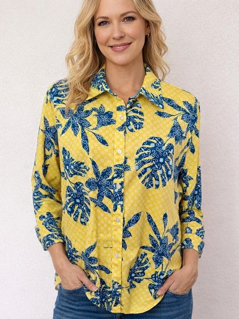 Ruby Rd. Yellow Blue Tropical Print Long Sleeve Shirt Size 18